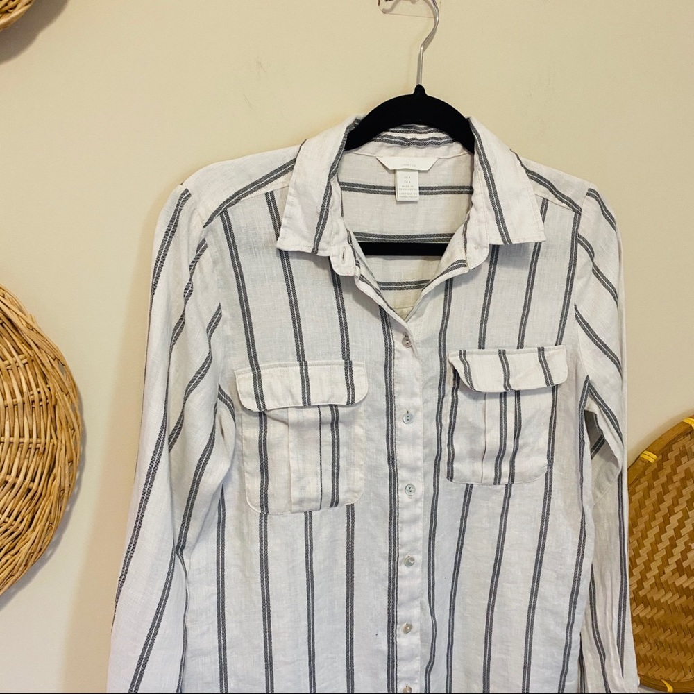 H&M Linen Vertical Striped Button Down Shirt - Picture 2 of 8